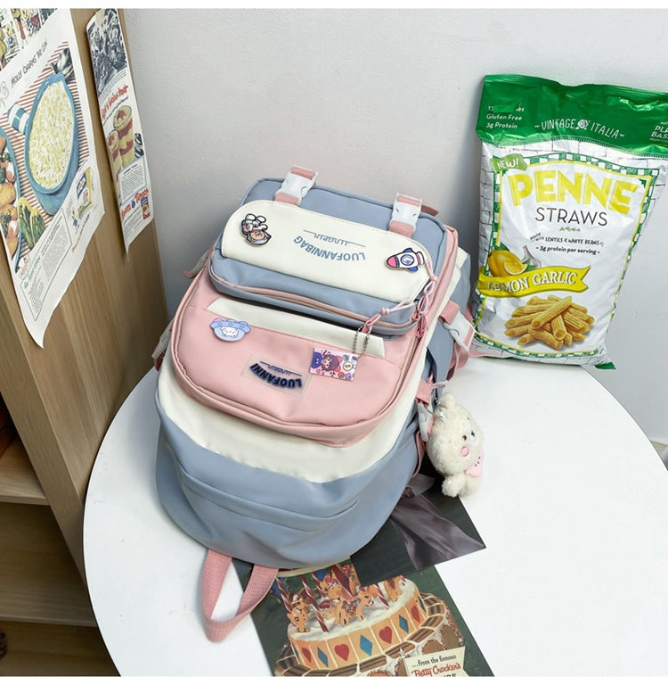 Women's Large Aesthetic School Backpack Blue Nylon Daypack with Cute Bear Plushie & Pins For High School and University