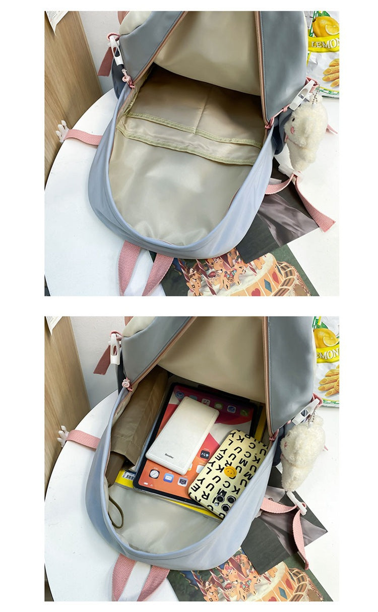 Women's Large Aesthetic School Backpack Purple Nylon Daypack with Cute Bear Plushie & Pins For High School and University