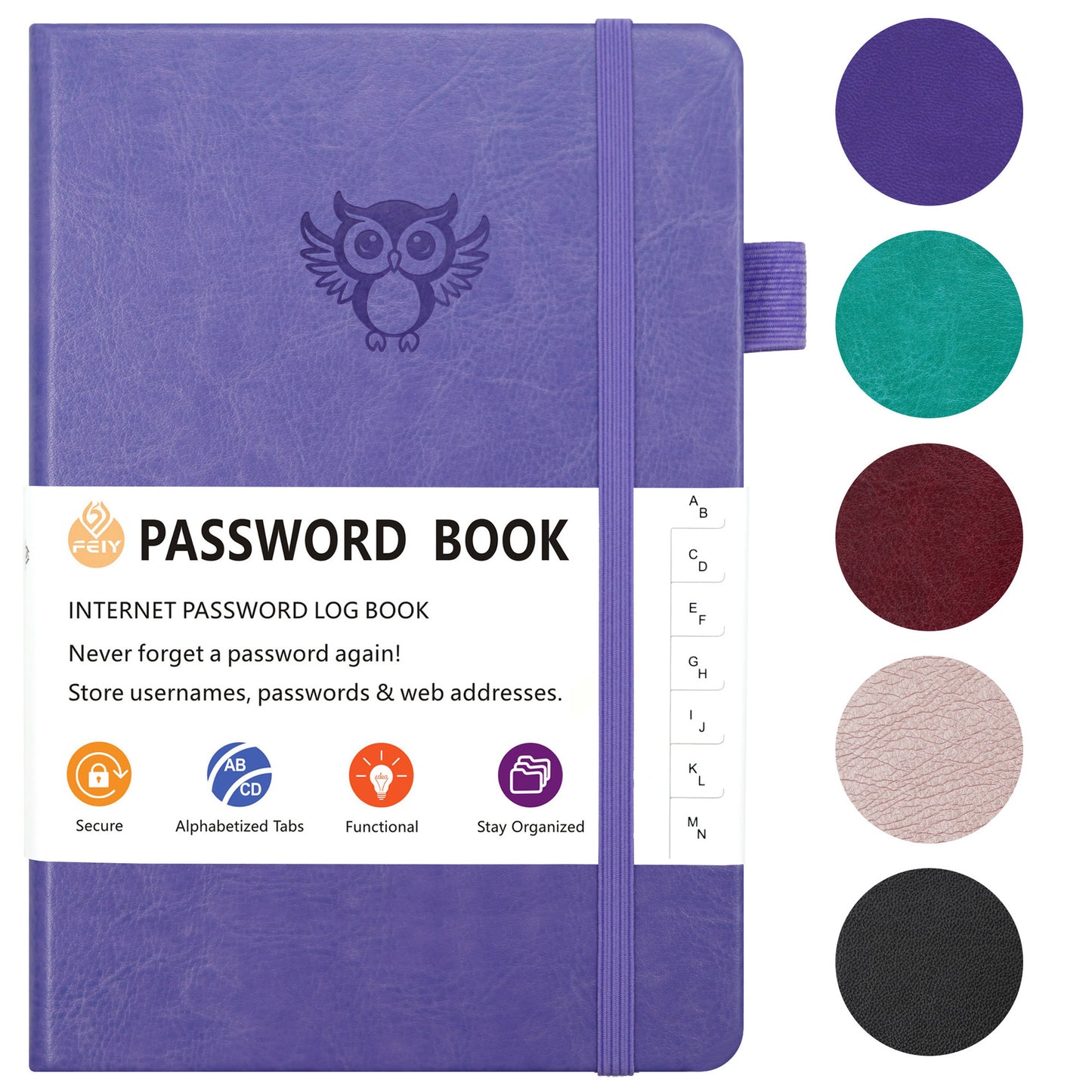 Black Password Log Book with Alphabetical Tabs Internet Address Organizer Small PU Leather Notebook with Owl Design Pen Holder and Inner Pocket Ideal for Home and Office