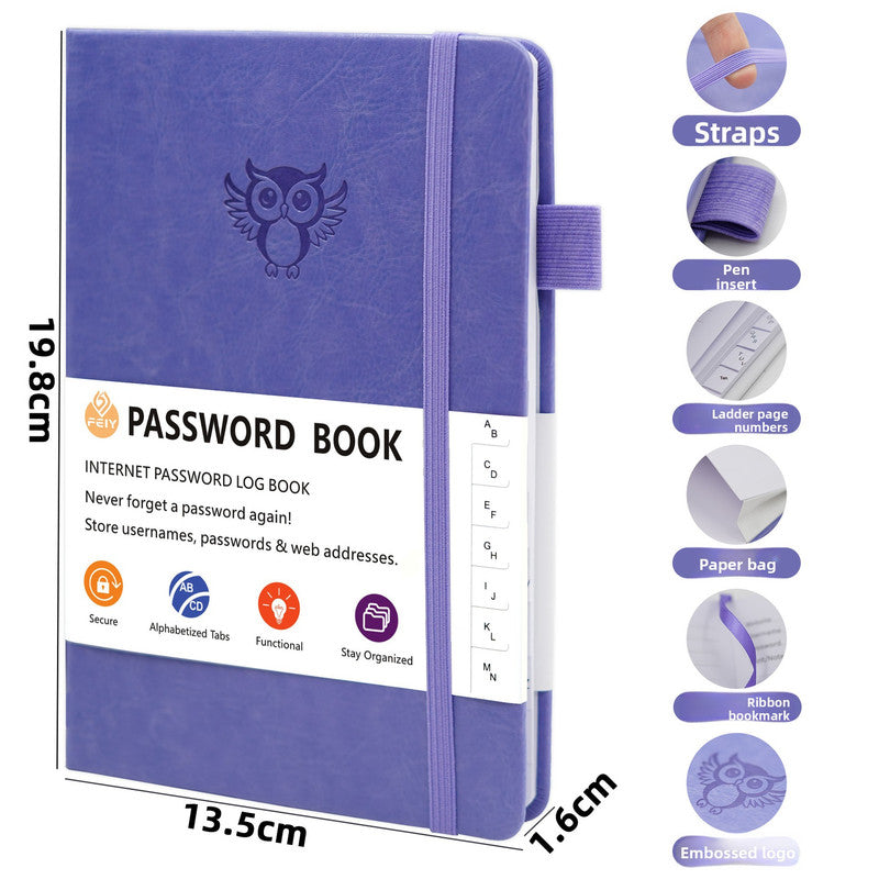 Black Password Log Book with Alphabetical Tabs Internet Address Organizer Small PU Leather Notebook with Owl Design Pen Holder and Inner Pocket Ideal for Home and Office