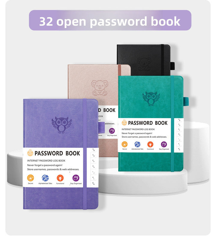 Deep purple Password Log Book with Alphabetical Tabs Internet Address Organizer Small PU Leather Notebook with Owl Design Pen Holder and Inner Pocket Ideal for Home and Office