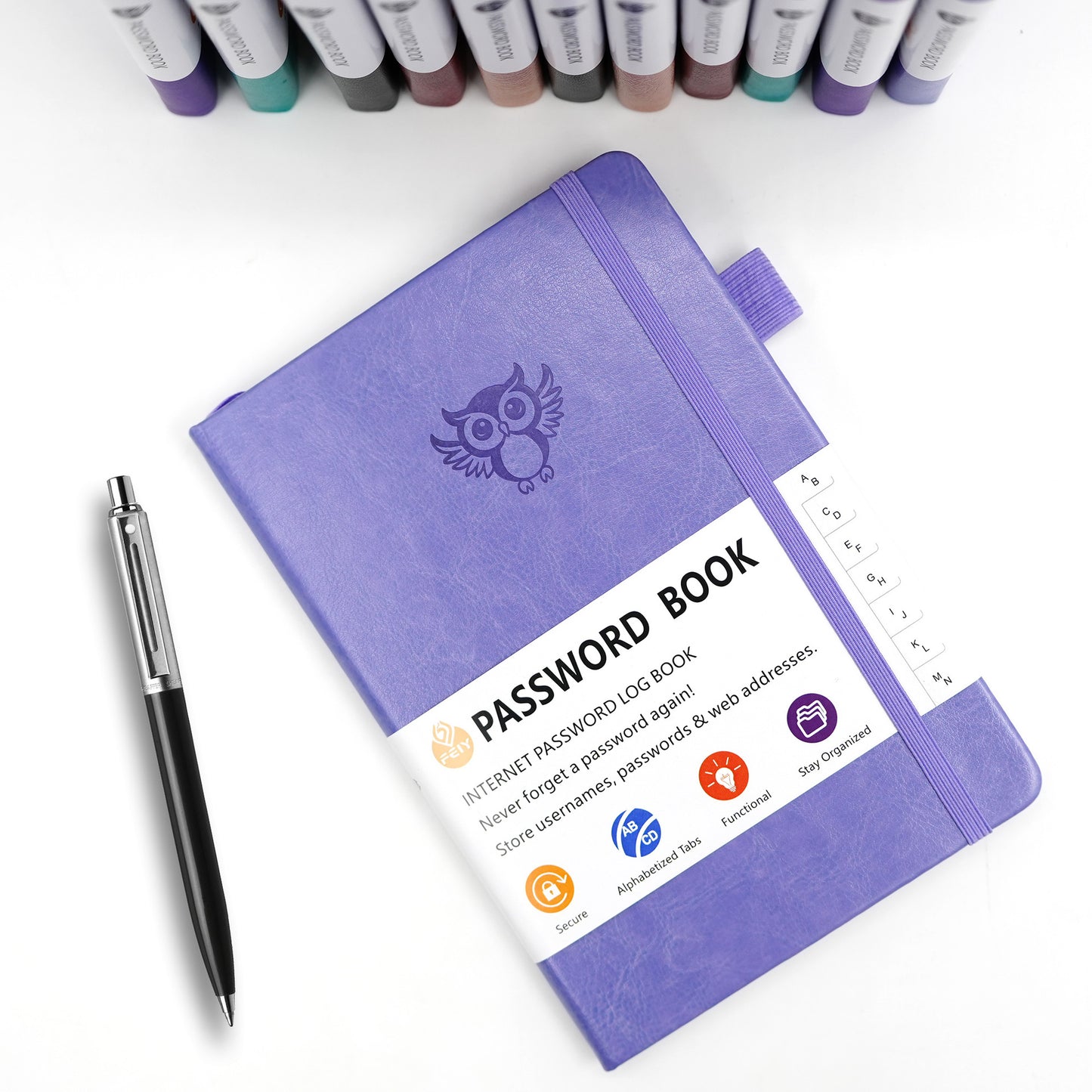 Deep purple Password Log Book with Alphabetical Tabs Internet Address Organizer Small PU Leather Notebook with Owl Design Pen Holder and Inner Pocket Ideal for Home and Office