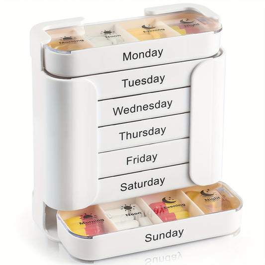 Weekly Pill Organiser White Tower - 7 Day Medicine Storage Box with 4 Daily Compartments (Morning, Noon, Evening, Night) - Portable Slide-Out Trays for Vitamins & Supplements