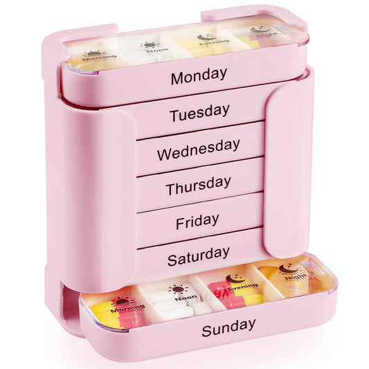 Weekly Pill Organiser Pink Tower - 7 Day Medicine Storage Box with 4 Daily Compartments (Morning, Noon, Evening, Night) - Portable Slide-Out Trays for Vitamins & Supplements