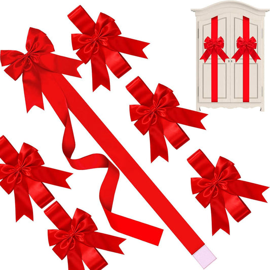 Red Satin Cabinet Door Bows 5 Pack - Large Pre-made Ribbon with Velcro Attachment for Kitchen Cupboards, Weddings, Gift Wrapping & Party Decor - Adjustable Fit