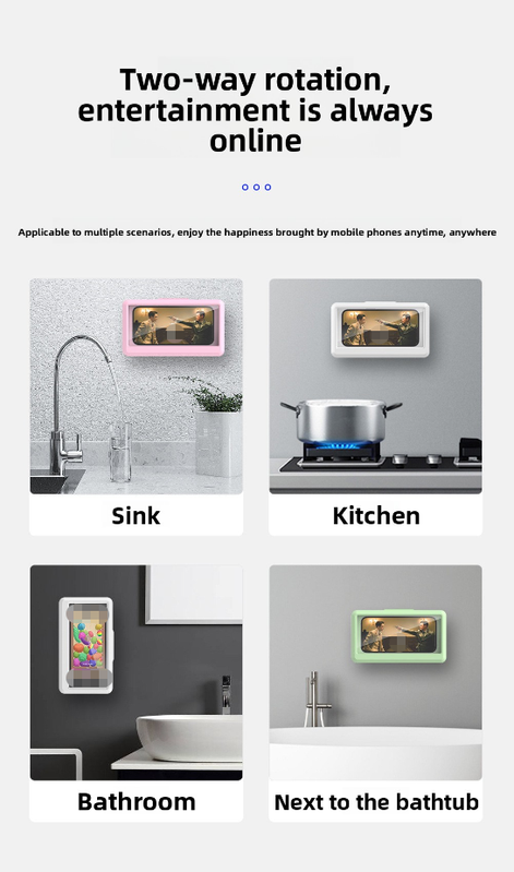 Waterproof Shower Phone Holder White Wall Mount - 360° Rotating Retractable Anti-Fog Touch Screen Case for Bathroom & Kitchen - Fits Phones up to 6.8 Inch