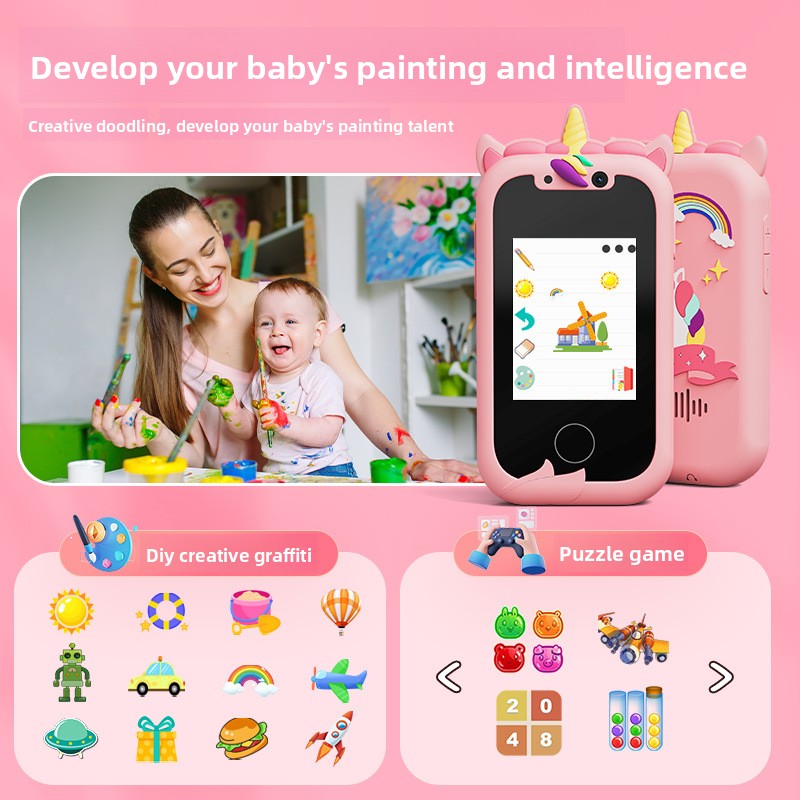 Kids Unicorn Smart Phone Toy with Dual Camera and IPS Touch Screen Educational Games MP3 Music Player 512MB Card Included Pink Silicone Case Ideal for Girls Gift