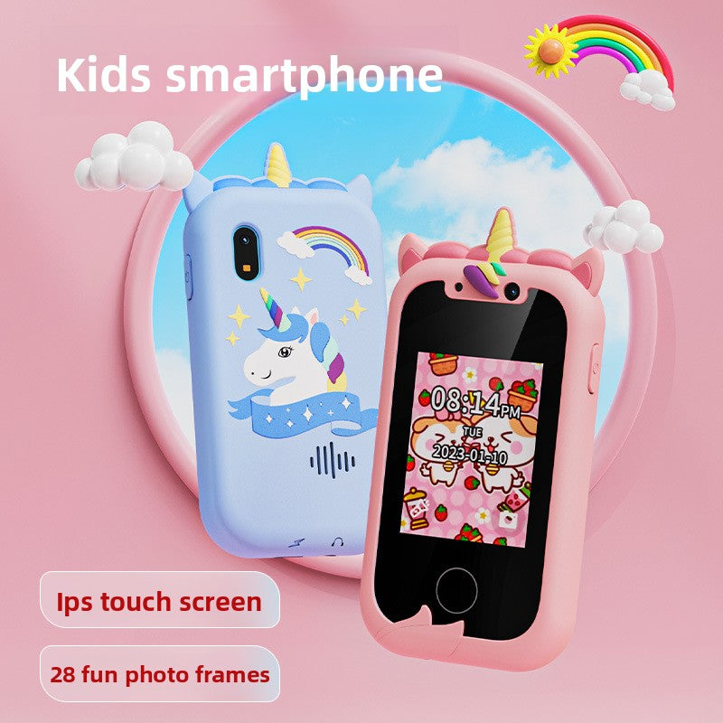 Kids Unicorn Smart Phone Toy with Dual Camera and IPS Touch Screen Educational Games MP3 Music Player 512MB Card Included Blue Silicone Case Ideal for Girls Gift