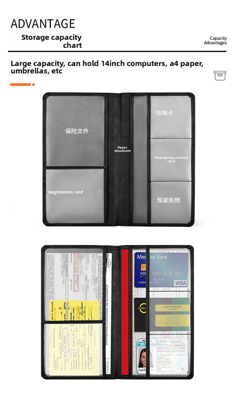 Car Registration and Insurance Holder - Premium PU Leather Vehicle Document Wallet - Slim Glove Box Organiser for Rego Papers, Logbook & ID Cards - Black