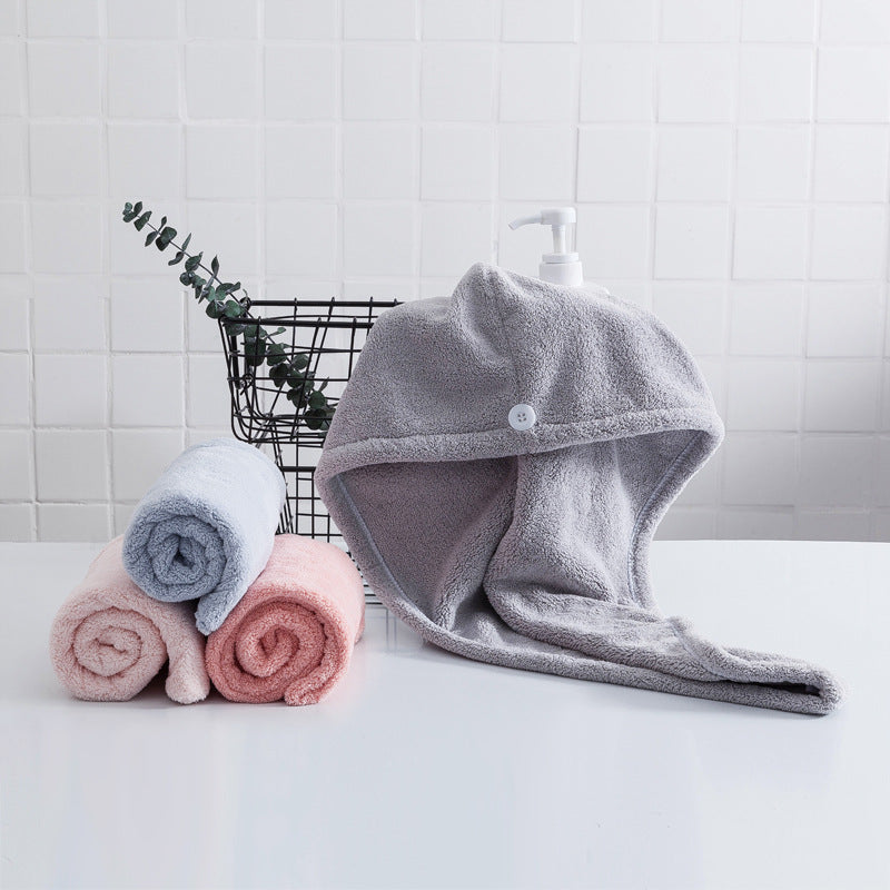 Soft Microfibre Hair Drying Towel Wrap - Super Absorbent Coral Fleece Turban with Secure Button - Quick Dry Bath Head Cap for Wet Hair & Spa - Light gray