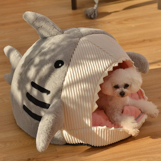 Novelty Shark Pet Cave Bed Enclosed Cozy Sleeping Nest for Cats and Small Dogs Soft Flannel Year Round Comfort Light Gray S Size