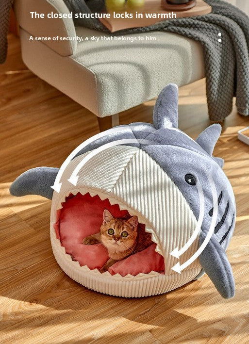 Novelty Shark Pet Cave Bed Enclosed Cozy Sleeping Nest for Cats and Small Dogs Soft Flannel Year Round Comfort Light Blue M Size