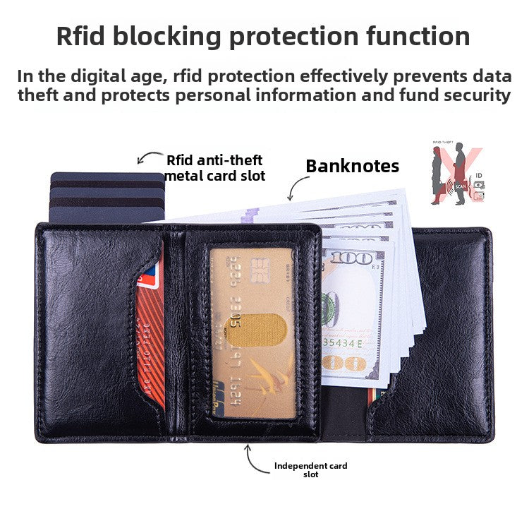 RFID Blocking Pop-Up Card Wallet with AirTag Holder - Carbon Fiber Texture Aluminum Smart Wallet - Automatic Slider Mechanism with Cash Compartment - Black (AirTag Not Included)