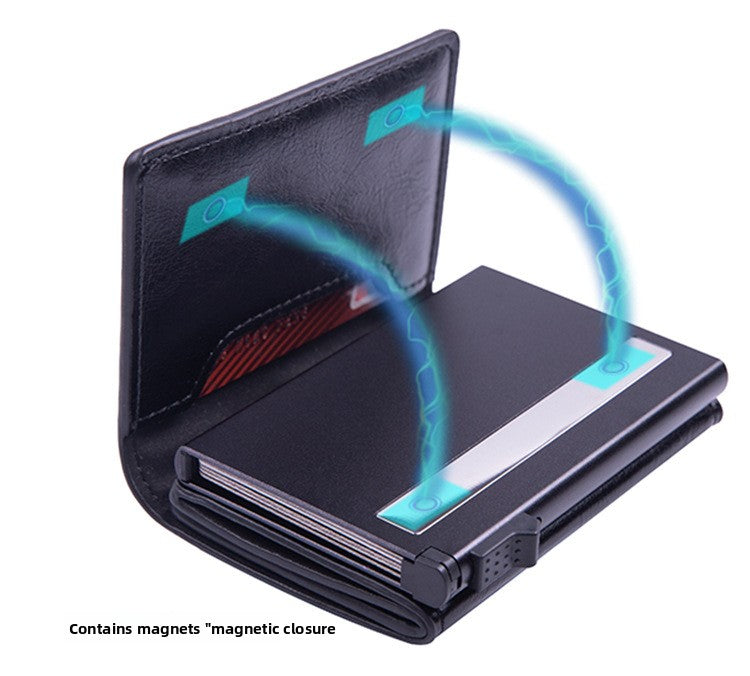 RFID Blocking Pop-Up Card Wallet with AirTag Holder - Carbon Fiber Texture Aluminum Smart Wallet - Automatic Slider Mechanism with Cash Compartment - Black (AirTag Not Included)
