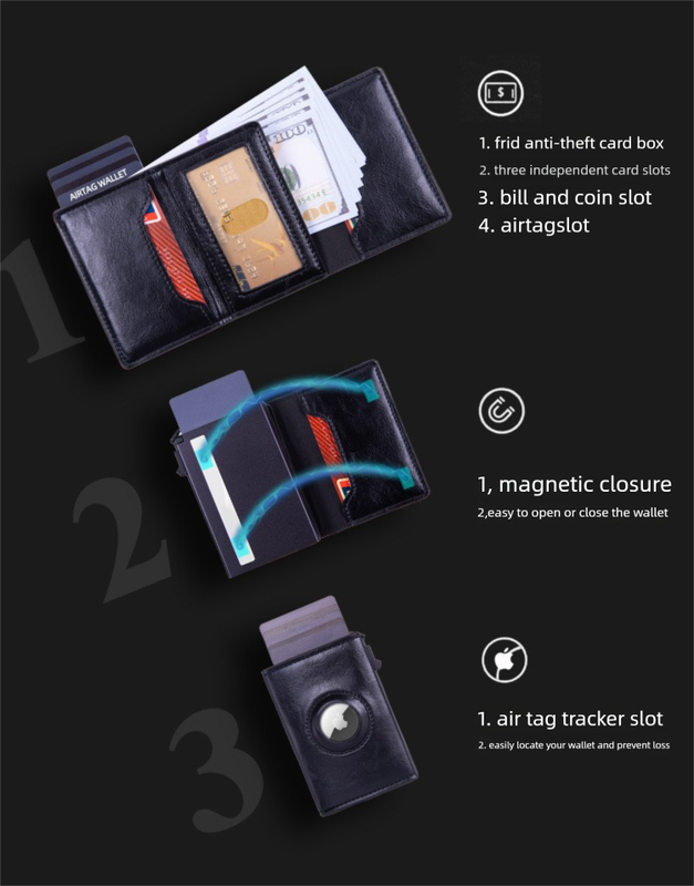 RFID Blocking Pop-Up Card Wallet with AirTag Holder - Automatic Slider Aluminium Smart Case with Cash Slot - Slim Minimalist Blue Leather Design (AirTag Not Included)