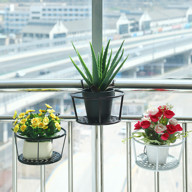 Hanging Flower Pot Holder Metal Balcony Railing Planter Basket Round Iron Rack with Mesh Bottom Fits up to 6cm Rail for Fence & Patio White