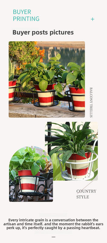 Hanging Flower Pot Holder Metal Balcony Railing Planter Basket Round Iron Rack with Mesh Bottom Fits up to 6cm Rail for Fence & Patio Brown