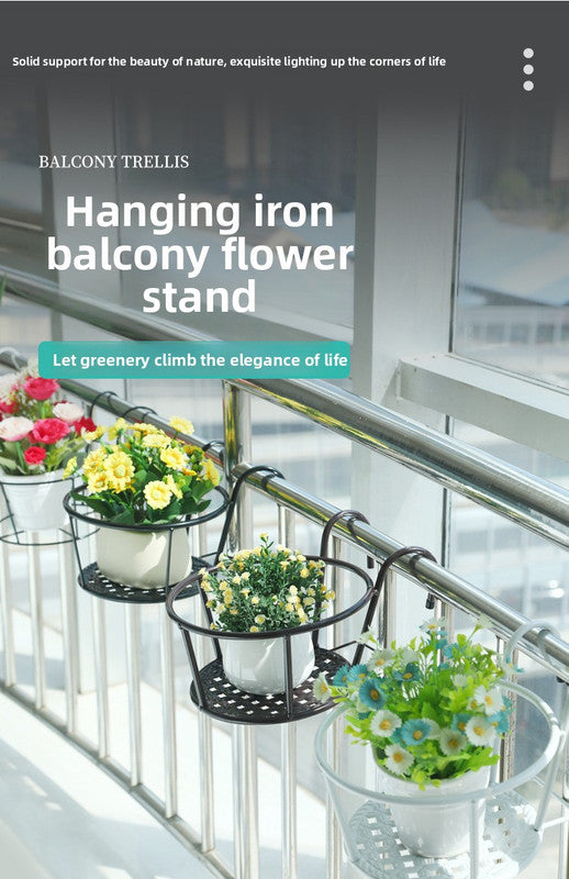 Hanging Flower Pot Holder Metal Balcony Railing Planter Basket Round Iron Rack with Mesh Bottom Fits up to 6cm Rail for Fence & Patio Black