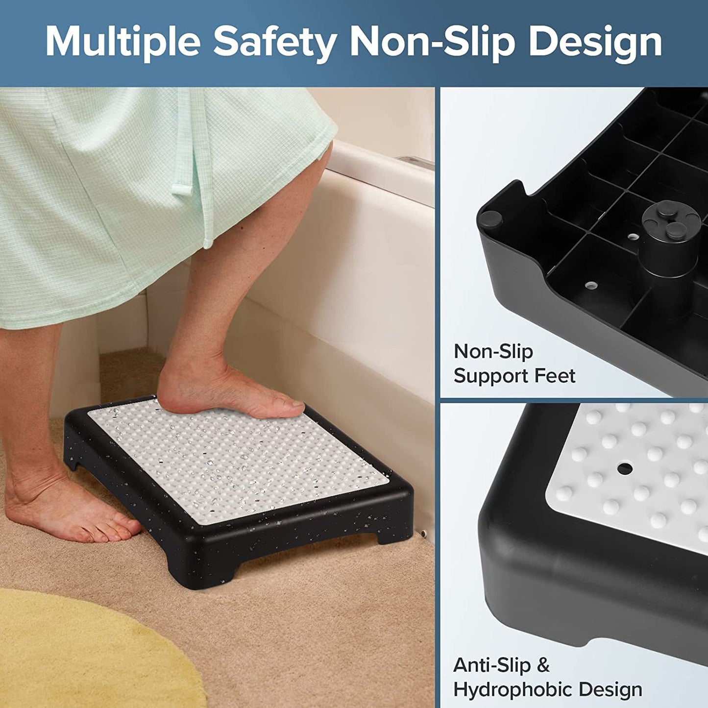 Portable Outdoor Half Step Stool Non-Slip Mobility Aid Large Platform 50x40cm for Elderly Home Car & Bath Use Black Base with White Top Mat