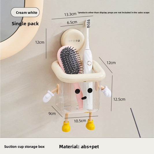 Cute Suction Cup Bathroom Organizer Wall Mounted Toothbrush Holder No Drill Storage Caddy with Drainage Holes for Electric Toothbrush Razor Toothpaste Cream White