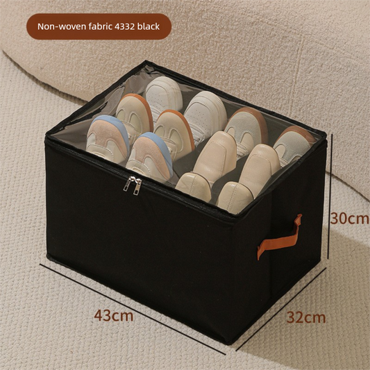 Foldable Shoe Storage Box 12 Compartments Breathable Non-Woven Fabric Wardrobe Organiser with Clear Lid Lightweight Shoe Container Black 43cm