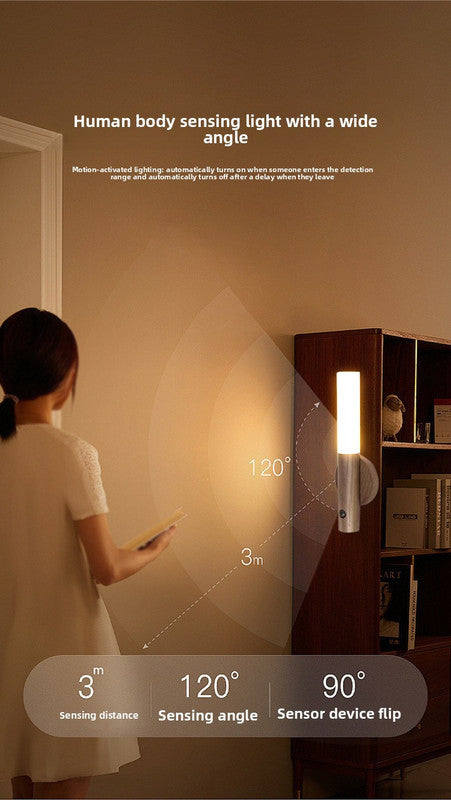 Brown Wood Grain Motion Sensor Night Light LED Rechargeable Magnetic Stick Wall Lamp Wireless Smart Batten Light for Hallway Staircase Bedroom Warm White