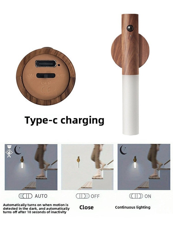 Brown Wood Grain Motion Sensor Night Light LED Rechargeable Magnetic Stick Wall Lamp Wireless Smart Batten Light for Hallway Staircase Bedroom Warm White