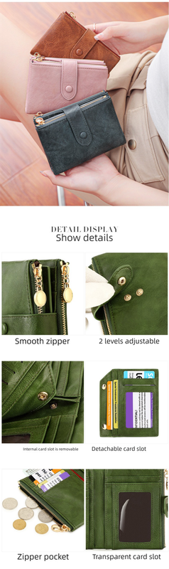 Ladies Compact Wallet Soft Vegan Leather Tri-Fold Purse Double Zipper Coin Pocket with Removable Card Holder High Capacity Multi Slots Brown