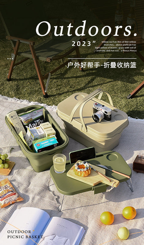 Collapsible Picnic Basket with Mini Table Lid Portable Folding Storage Crate with Cup Holders and Phone Stand Multi-Functional Outdoor Camping Sink Basin Khaki