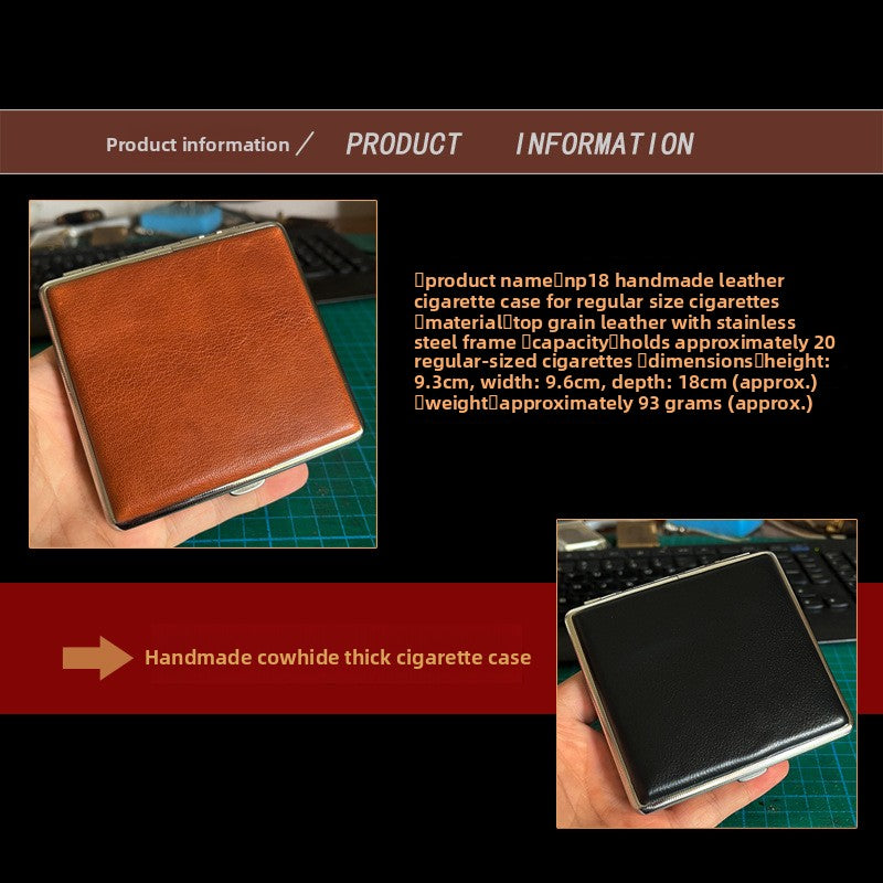Crazy Horse Leather Cigarette Case Vintage Rustic Style 20 Stick Capacity Hard Shell Metal Frame Holder Mens Gift Retro Brown