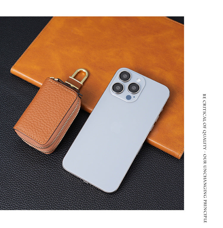 Genuine Leather Car Key Case Double Zipper Smart Key Fob Holder Wallet Remote Organiser Pouch with Hook Dark Blue