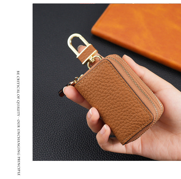 Genuine Leather Car Key Case Double Zipper Smart Key Fob Holder Wallet Remote Organiser Pouch with Hook Orange