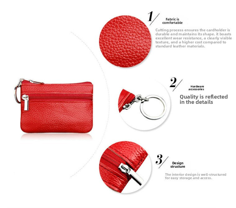 Small Coin Purse Key Ring Wallet Mini Change Pouch Dual Zipper Pocket PU Leather Portable Storage Bag Rose Red