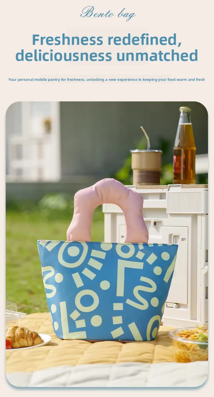 Insulated Lunch Bag Tote Fashion Graffiti Print with Soft Padded Handle Waterproof Thermal Cooler Bento Case for Work School and Picnics Blue with Pink Handle