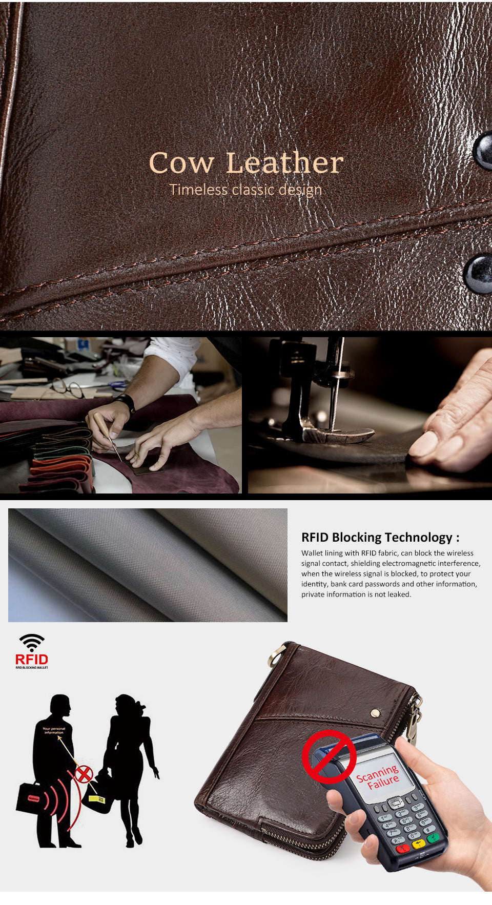 Genuine Leather Mens Wallet Double Zipper - RFID Blocking Bifold Card Holder with Coin Pocket - Vintage Brown Gift for Him