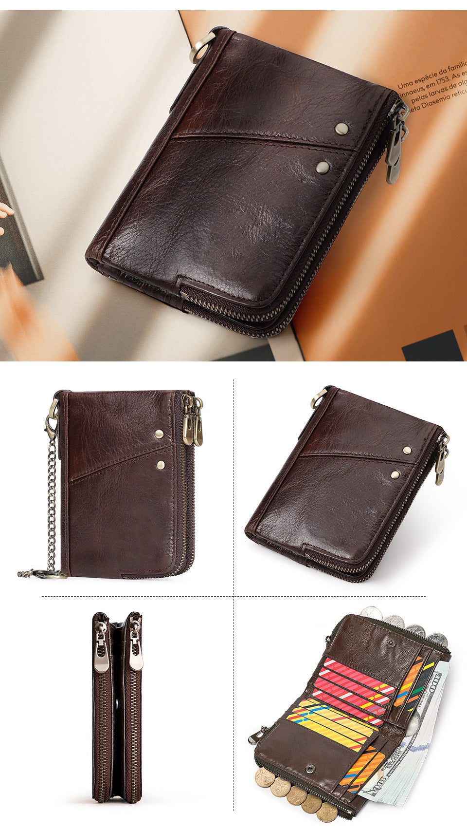 Genuine Leather Mens Wallet Double Zipper - RFID Blocking Bifold Card Holder with Coin Pocket - Vintage Brown Gift for Him