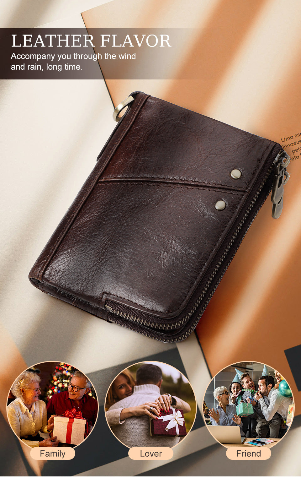 Genuine Leather Mens Wallet Double Zipper - RFID Blocking Bifold Card Holder with Coin Pocket - Black Gift for Him