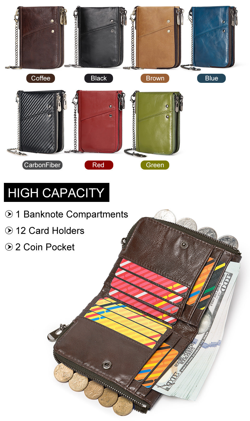 Genuine Leather Mens Wallet Double Zipper - RFID Blocking Bifold Card Holder with Coin Pocket - Black Gift for Him