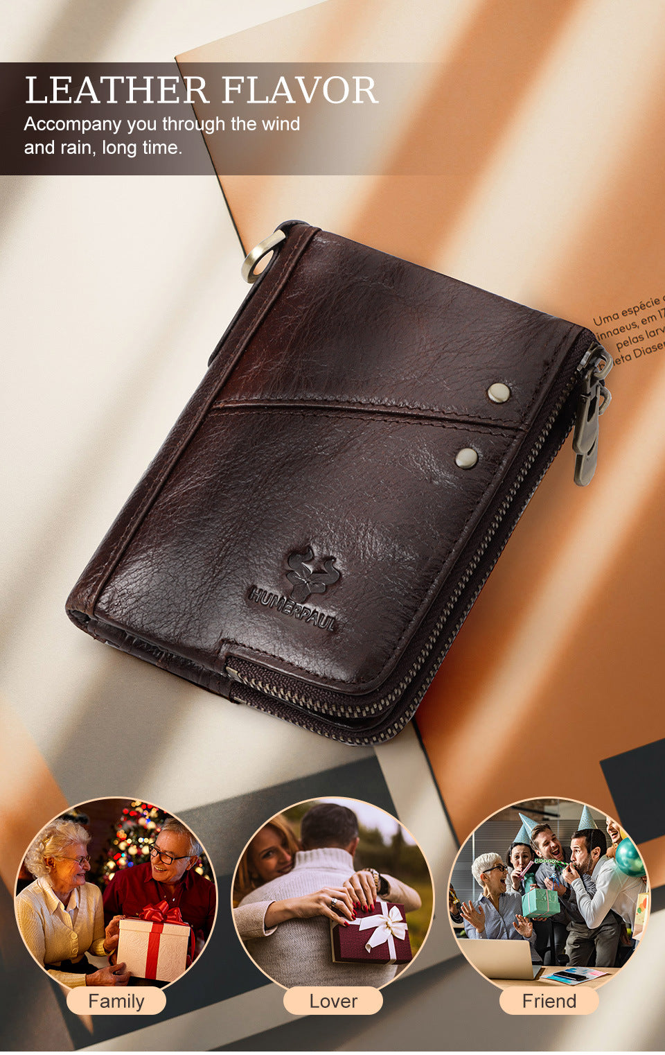 Genuine Leather Double Zipper Wallet - Light Brown RFID Blocking Bifold Card Holder - Vintage Cowhide Purse with Coin Pockets (13cm)