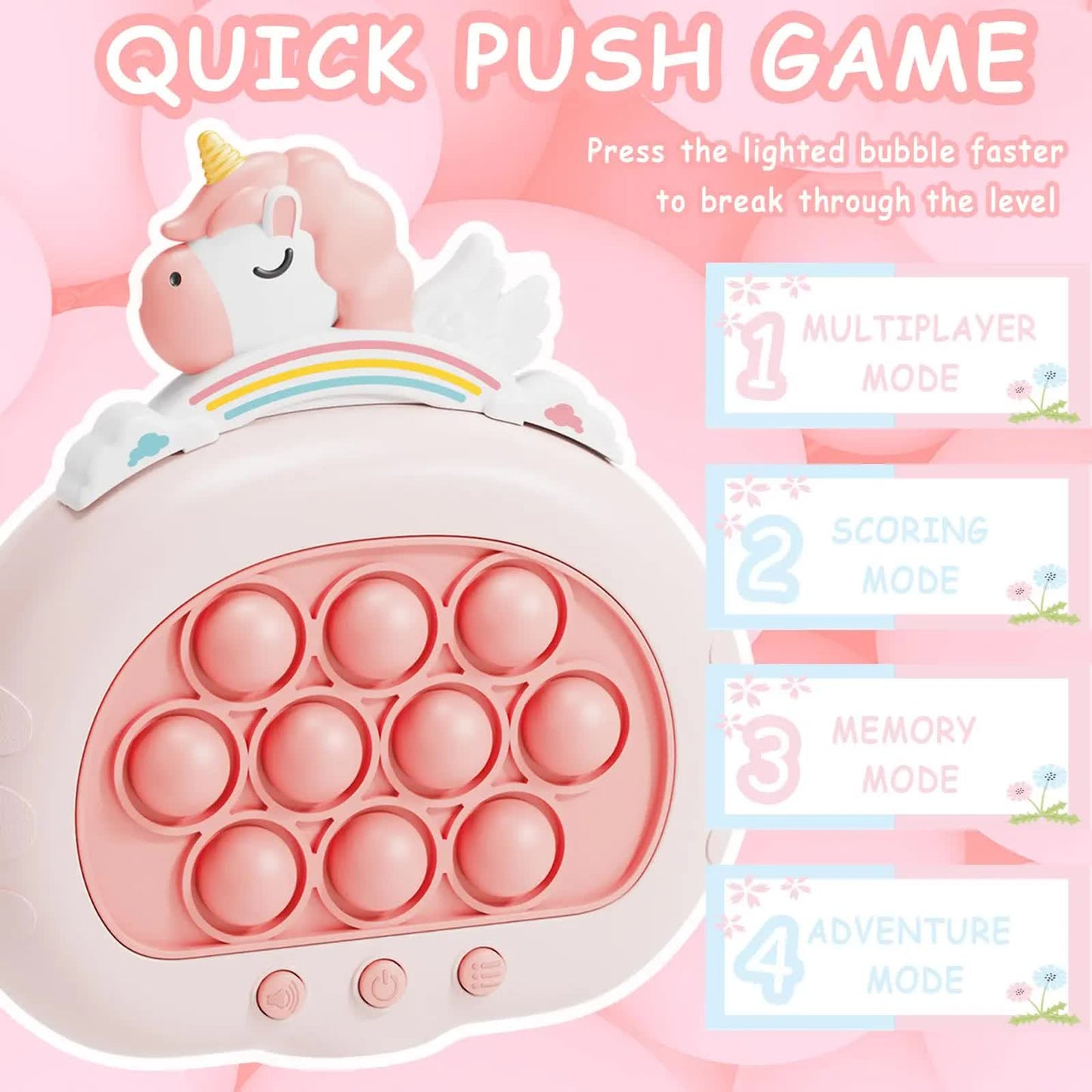 Electronic Fast Push Pop Game - Pink Unicorn Fidget Console with Lights & Sound - 4 Modes Memory & Speed Challenge - Interactive Sensory Toy for Kids 3+ & Travel