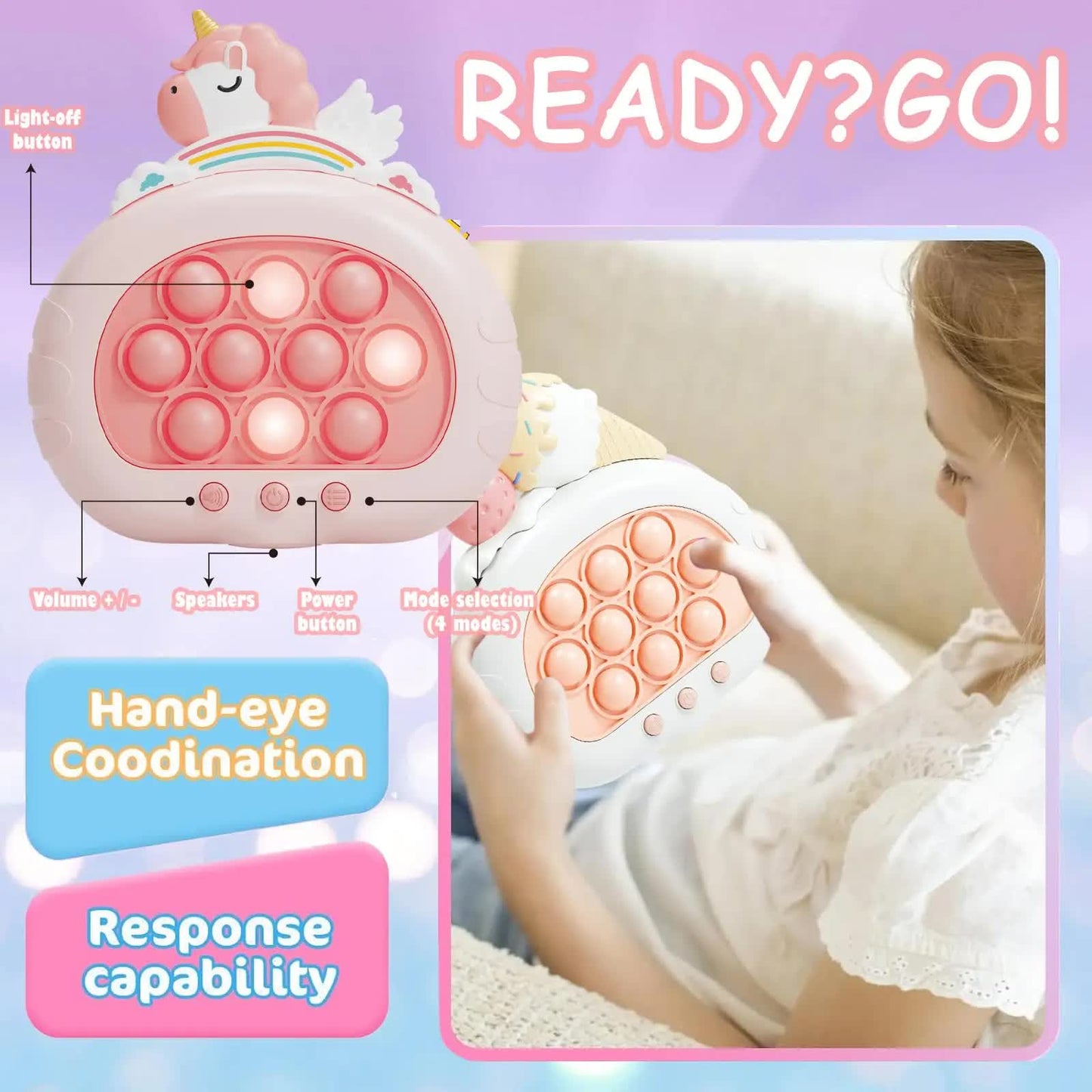 Electronic Fast Push Pop Game - Pink Unicorn Fidget Console with Lights & Sound - 4 Modes Memory & Speed Challenge - Interactive Sensory Toy for Kids 3+ & Travel