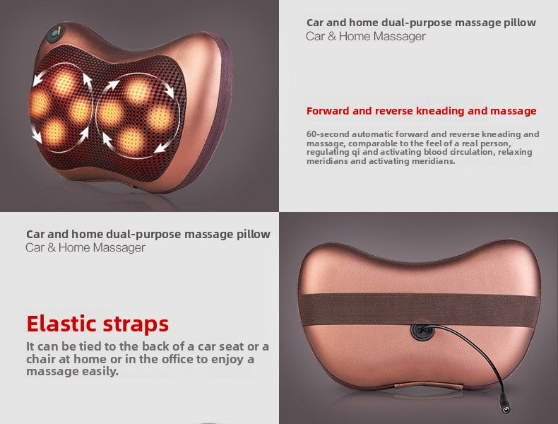 Cordless Rechargeable Shiatsu Massage Pillow - 8 Node Deep Kneading Neck & Back Massager with Heat - Wireless Portable Cushion for Home Car & Travel - Brown
