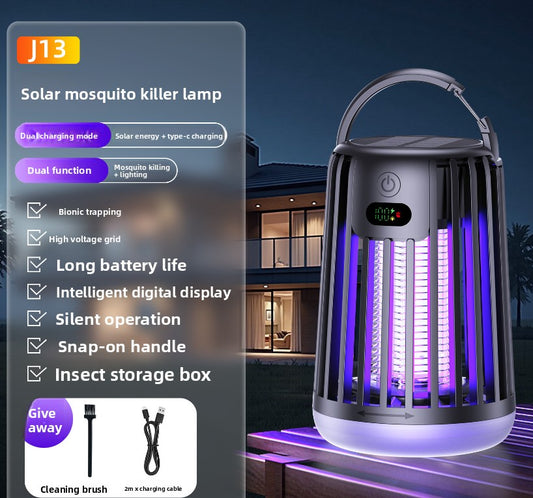 Solar Bug Zapper & Camping Light - 2000V Electric Mosquito Killer with Type-C USB Charging - Portable Insect Trap for Outdoor Patio Garden & Camping - Smart Battery Display - Black