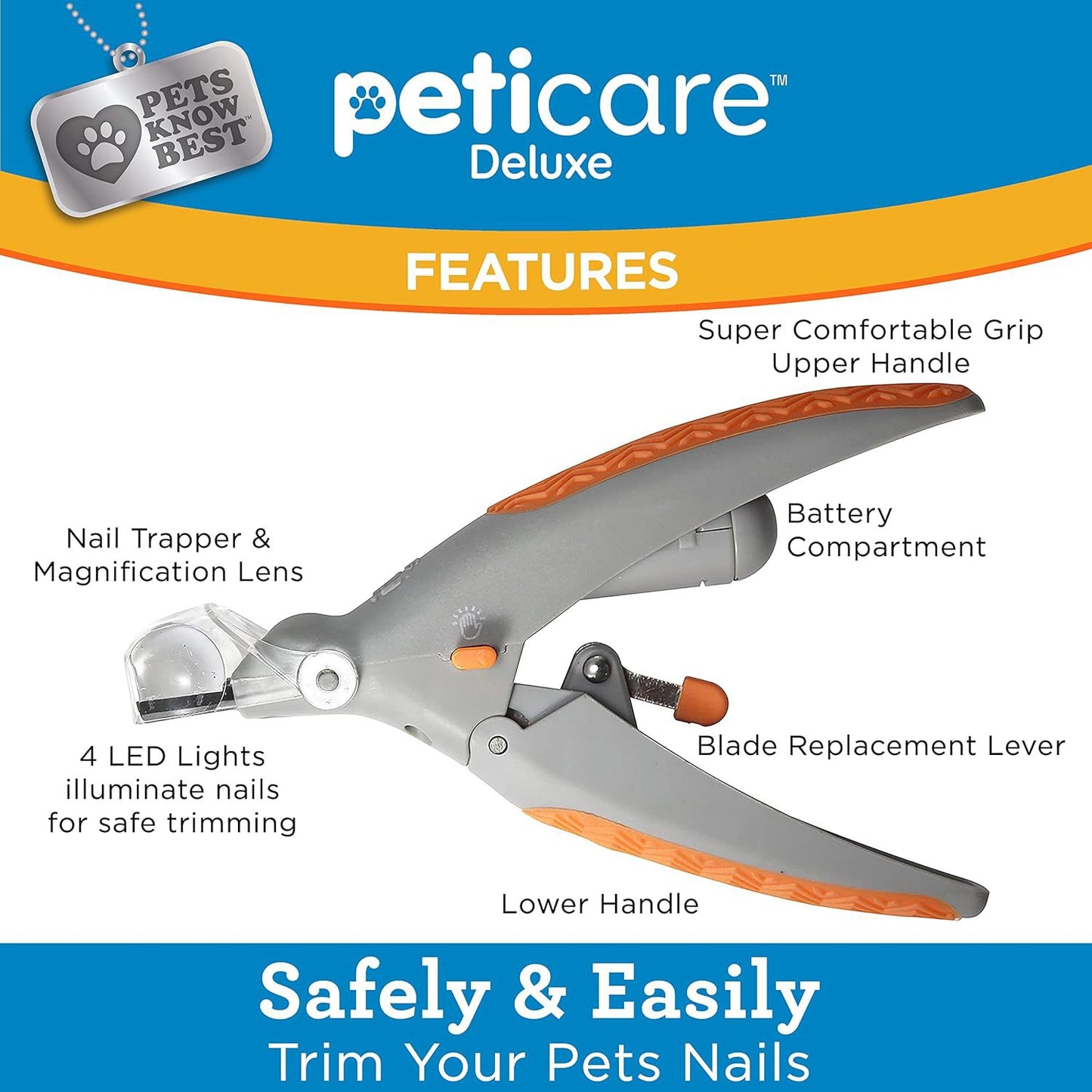 Illuminated Pet Nail Clippers with LED Light & Magnifier - Safety Claw Trimmer for Dogs & Cats - Lightweight Plastic Handle with Nail Catcher - 15cm Grey/Orange