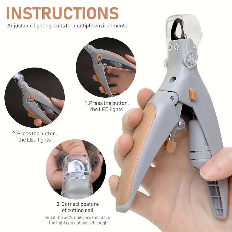 Illuminated Pet Nail Clippers with LED Light & Magnifier - Safety Claw Trimmer for Dogs & Cats - Lightweight Plastic Handle with Nail Catcher - 15cm Grey/Orange