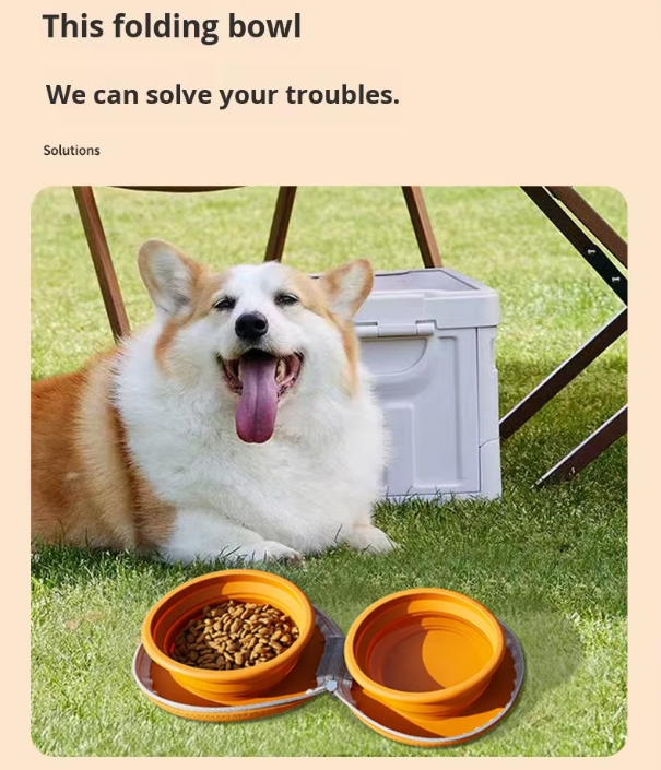 Portable Silicone Double Pet Bowl - Collapsible Travel Dog Feeder for Food & Water - 2 x 450ml Capacity with Zipper Case - Light Yellow