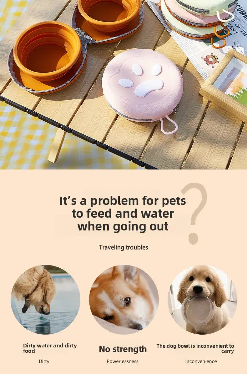 Portable Silicone Double Pet Bowl - Collapsible Travel Dog Feeder for Food & Water - 2 x 450ml Capacity with Zipper Case - Brown & Pink
