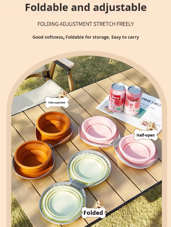 Portable Silicone Double Pet Bowl - Collapsible Travel Dog Feeder for Food & Water - 2 x 450ml Capacity with Zipper Case - Brown & Pink