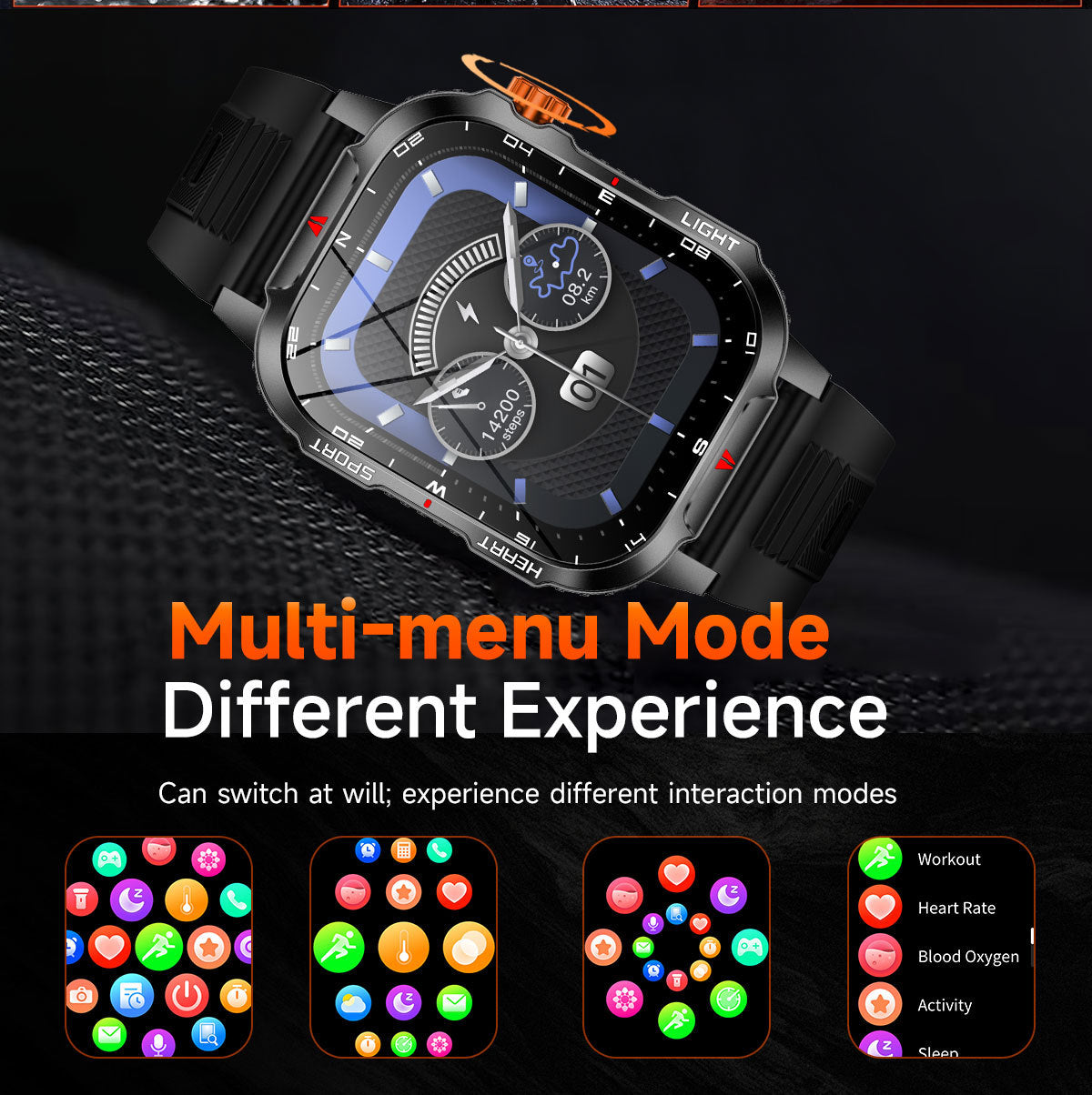 Rugged Outdoor Smart Watch for Men - 1100mAh Extra Long Battery with LED Flashlight & Compass - 2.01" HD Screen Bluetooth Calling IP68 Waterproof Fitness Tracker - Black