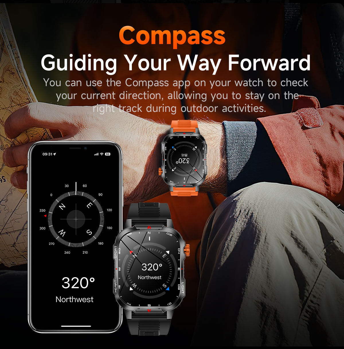 Rugged Outdoor Smart Watch for Men - 1100mAh Extra Long Battery with LED Flashlight & Compass - 2.01" HD Screen Bluetooth Calling IP68 Waterproof Fitness Tracker - Camouflage Color